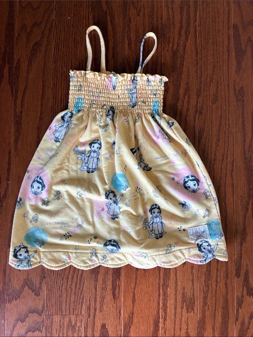 Disney Yellow Girls Dress with Black Character Line Art and Pink & Blue Accents